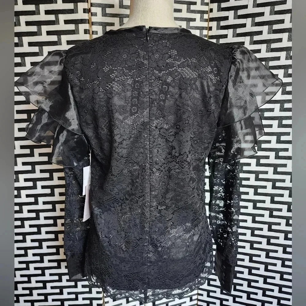 Rachel Parcell ruffle shoulder lace blouse size Medium New Black - Picture 5 of 15